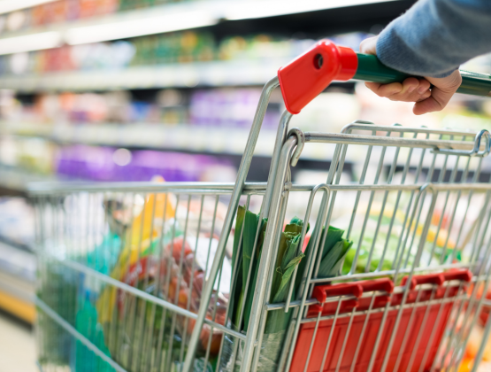 Persona llevando un carro de la compra por un supermercado